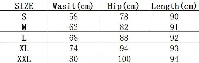 Simples Market women's imitation denim leggings size chart with waist, hip and length (S–XXL).