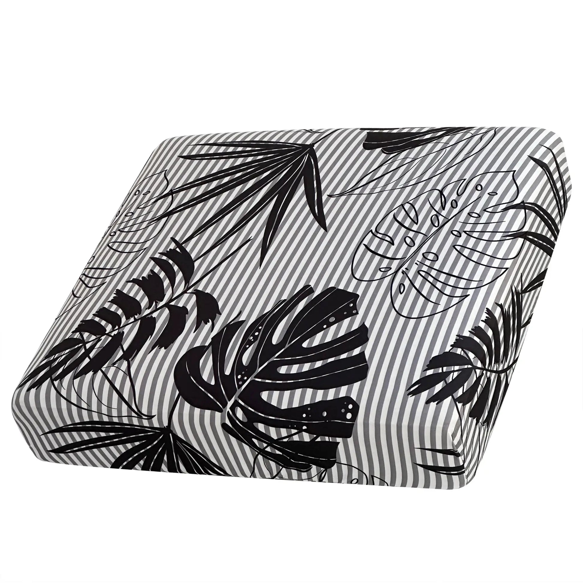 Elastic sofa cushion cover in gray striped floral print for corner L-shaped sofa.