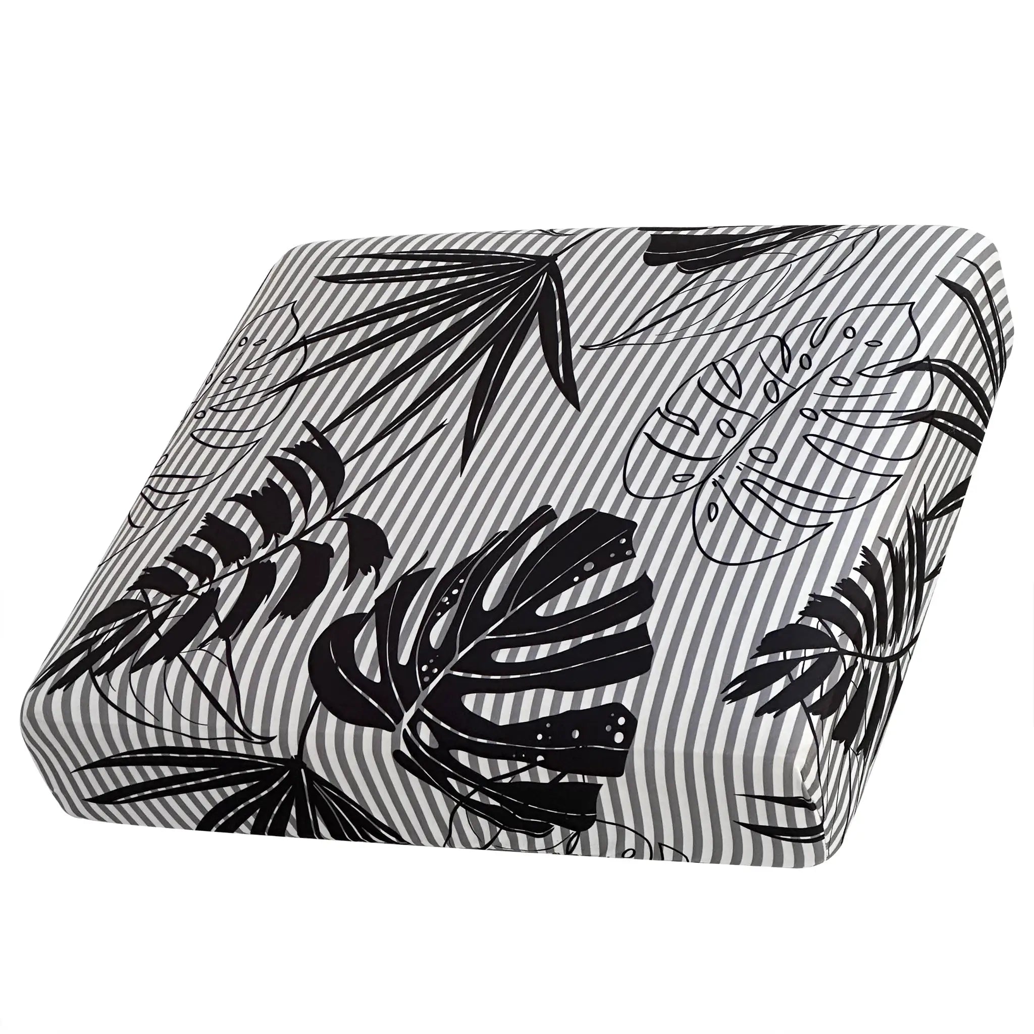 Elastic sofa cushion cover in gray striped floral print for corner L-shaped sofa.