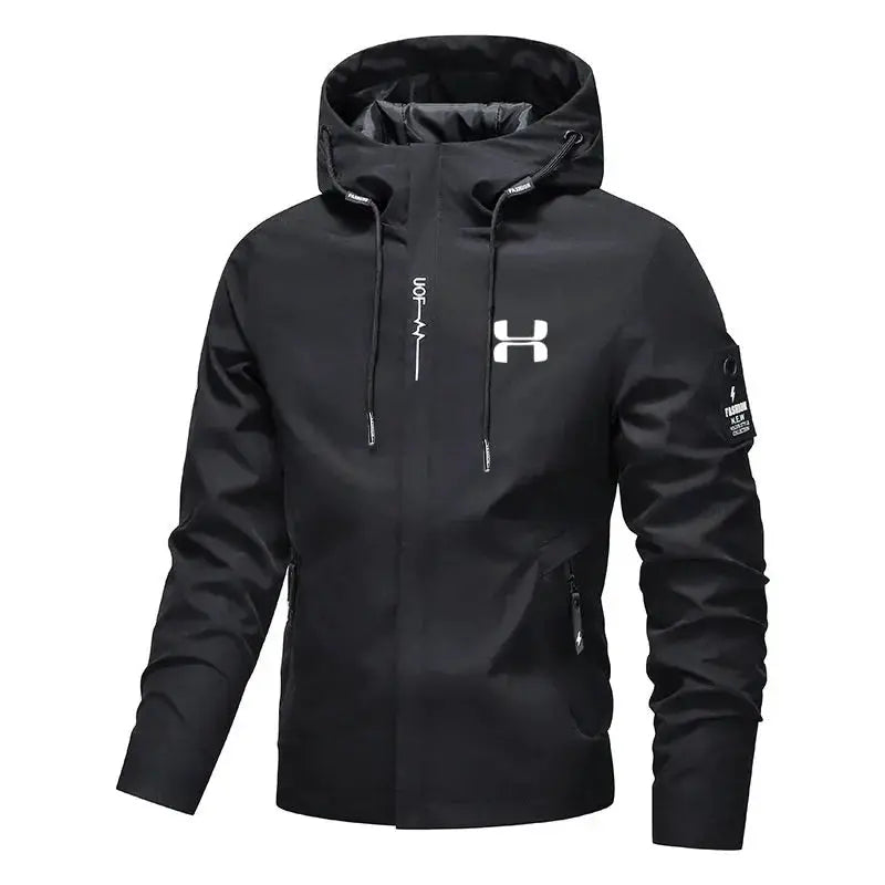 Men's Simples Market black hooded windbreaker jacket with zip front, chest logo, side pockets