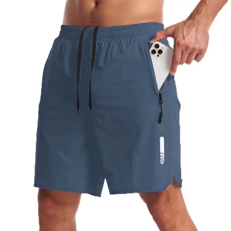 Men's blue sport shorts with elastic drawstring waist and side zip pocket for phone, Simples Market