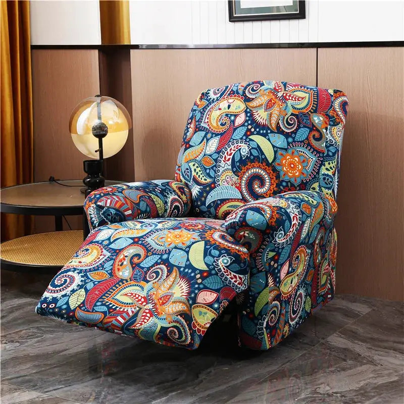 Recliner chair cover by Simples Market in blue multicolor paisley print, stretch fabric