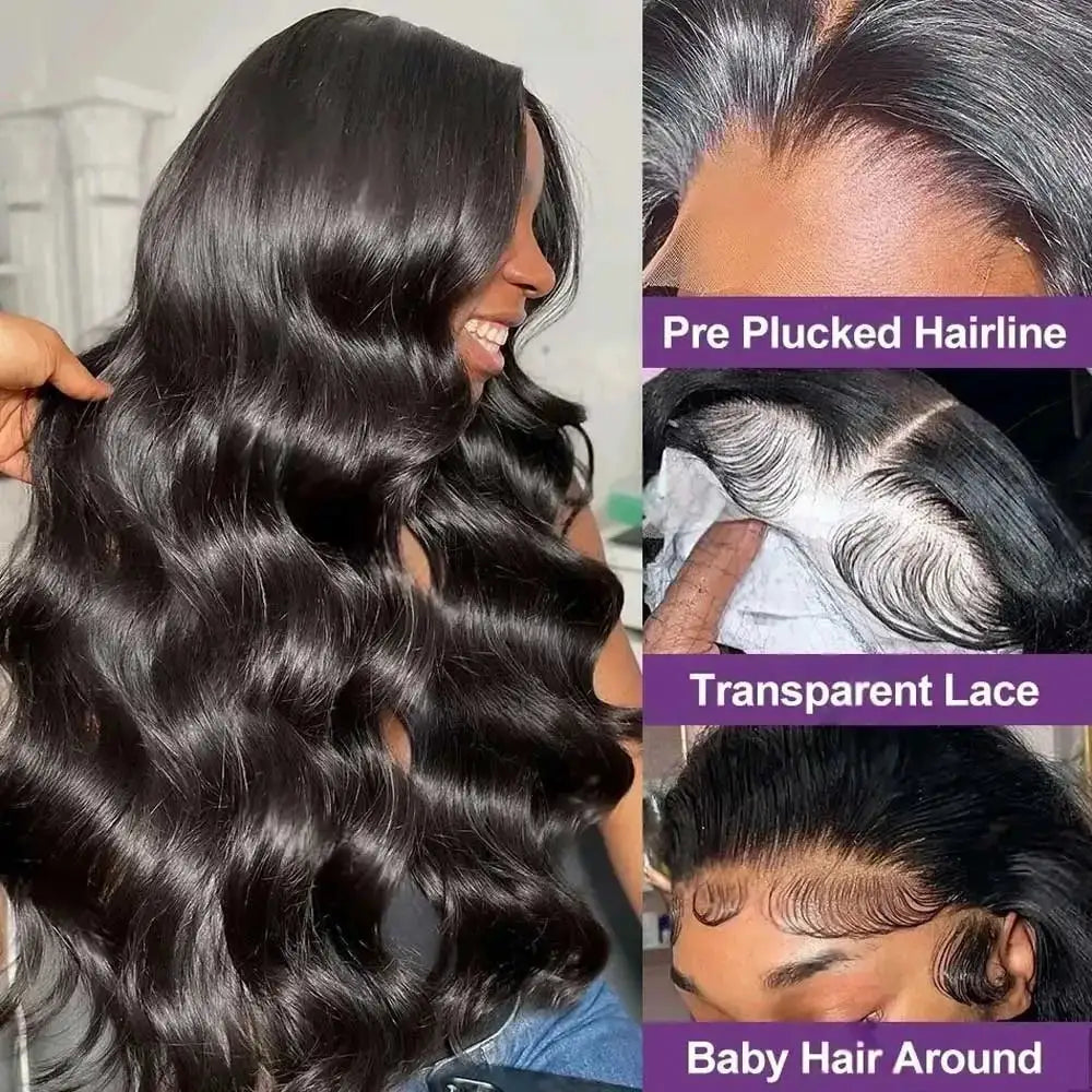 13x6 Lace Front Wigs Human Hair 250 Density HD Body Wave Lace Frontal Glueless Pre Plucked Black Wigs For Women