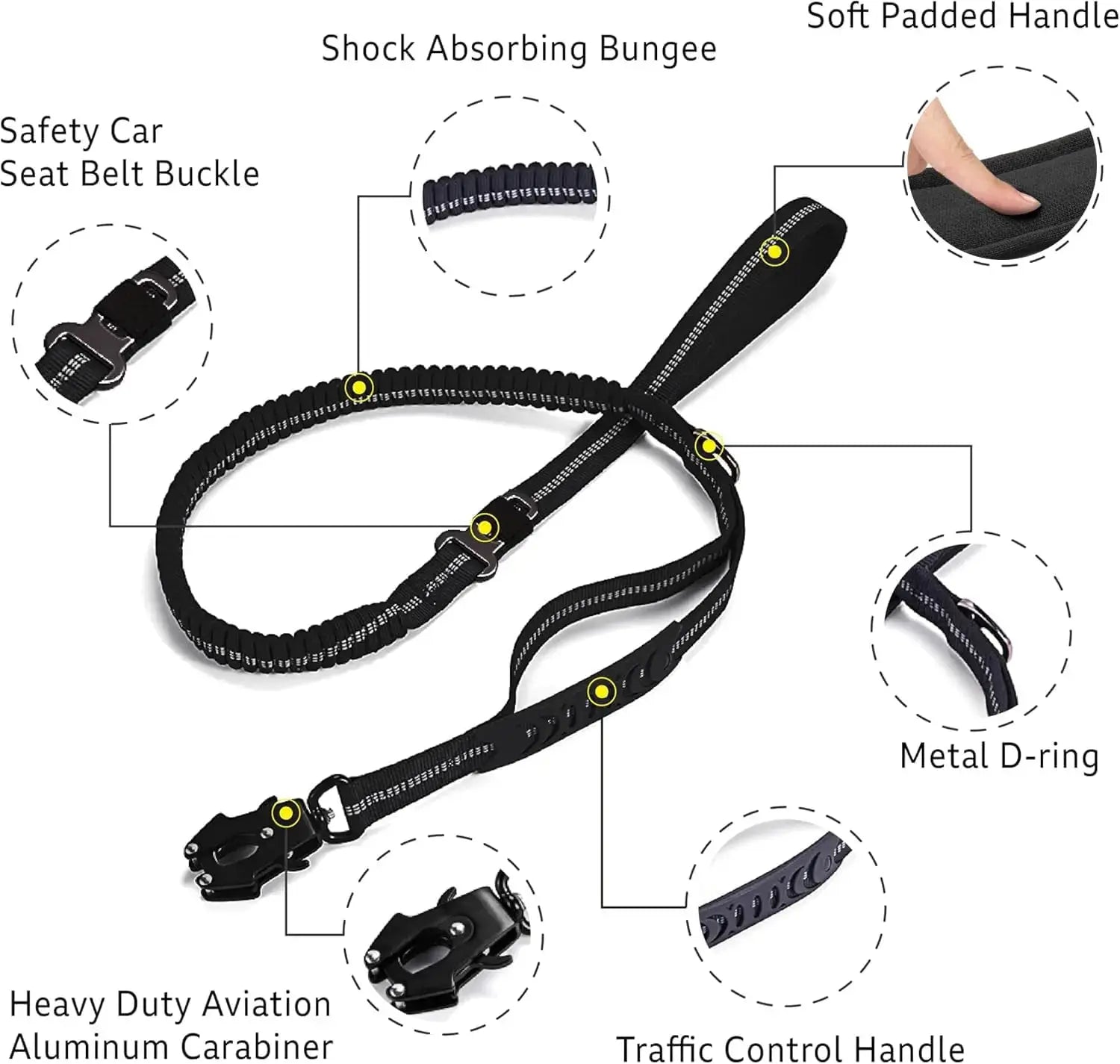 Simples Market reflective shock-absorbing pet leash with car-seatbelt buckle and aluminum carabiner, black