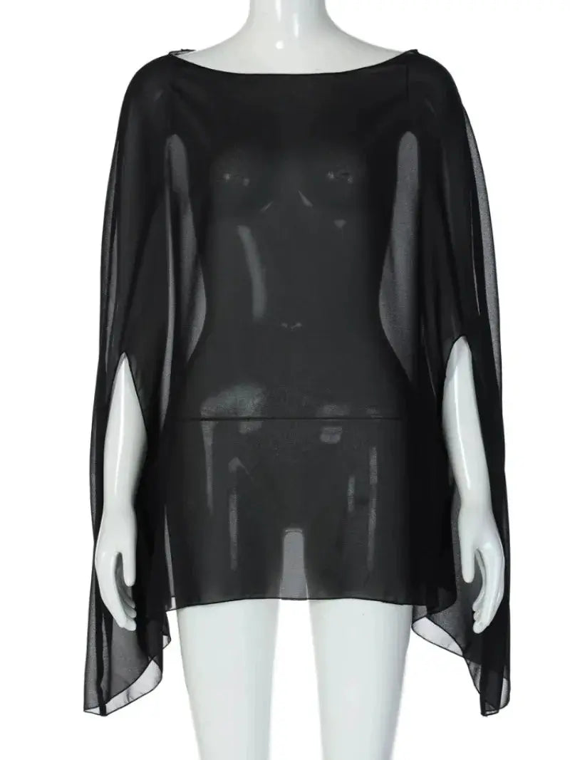 Women's black see-through chiffon blouse; sheer top with long flowing sleeves by Simples Market streetwear.