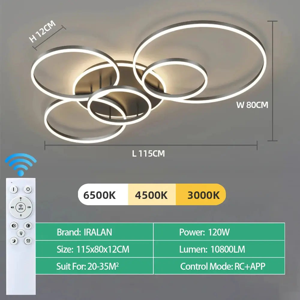 Modern LED ceiling chandelier by Simples Market with remote-controlled, dimmable circular ring lights