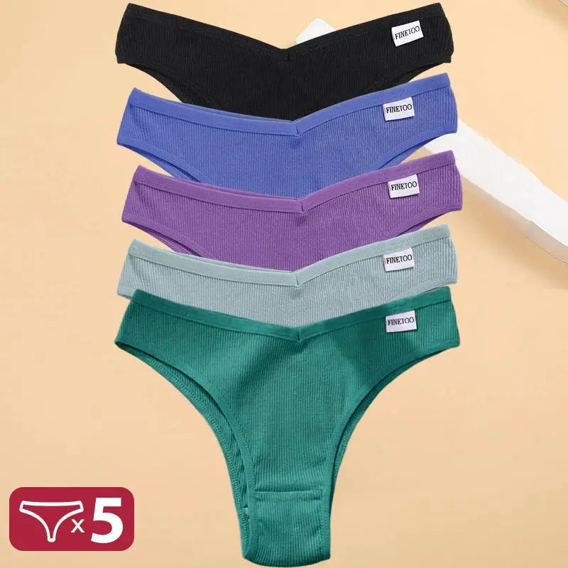 5-pack cotton thong panties for women by Simples Market in black, blue, purple, gray and green with FINETOO labels