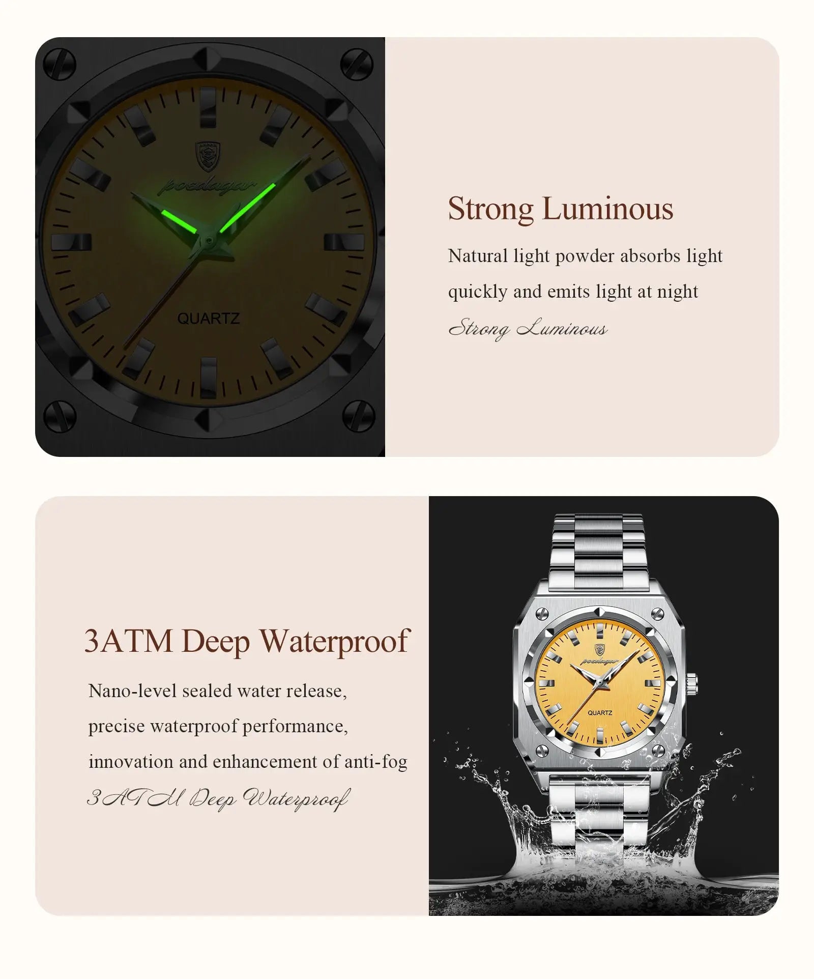 POEDAGAR ladies wristwatch; gold dial with green luminous hands and stainless steel case, two watches shown