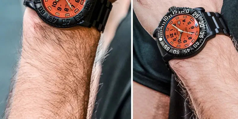 Addies men's military watch with orange dial, black steel strap