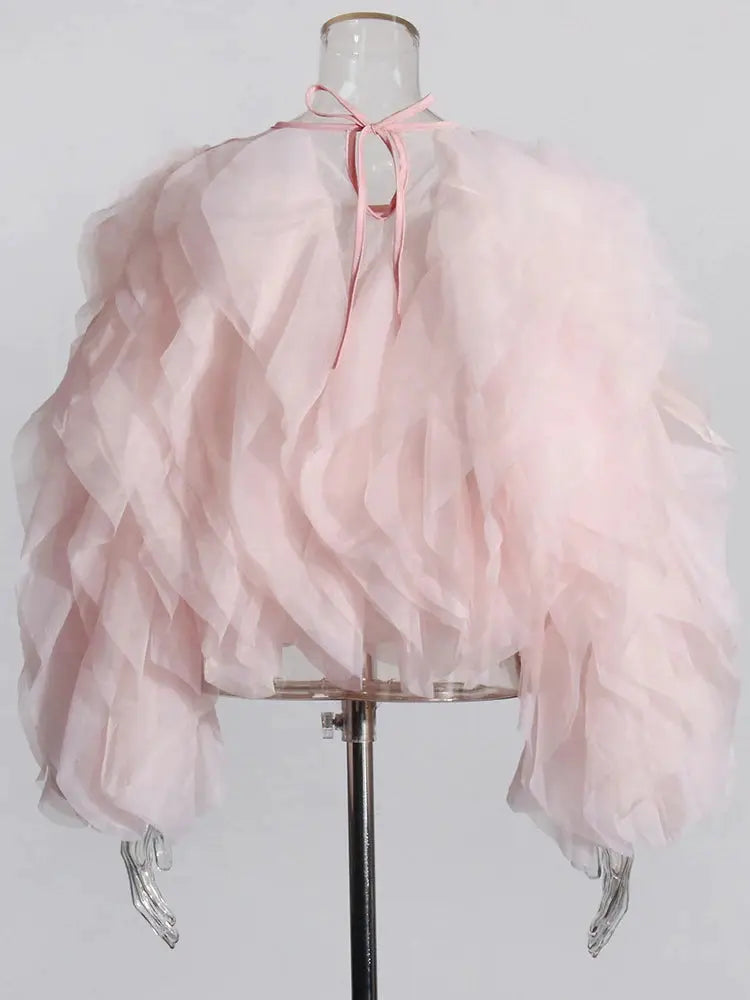 Twotwinstyle Elegant Patchwork Ruffles Chiffon Blouse O Neck Lantern