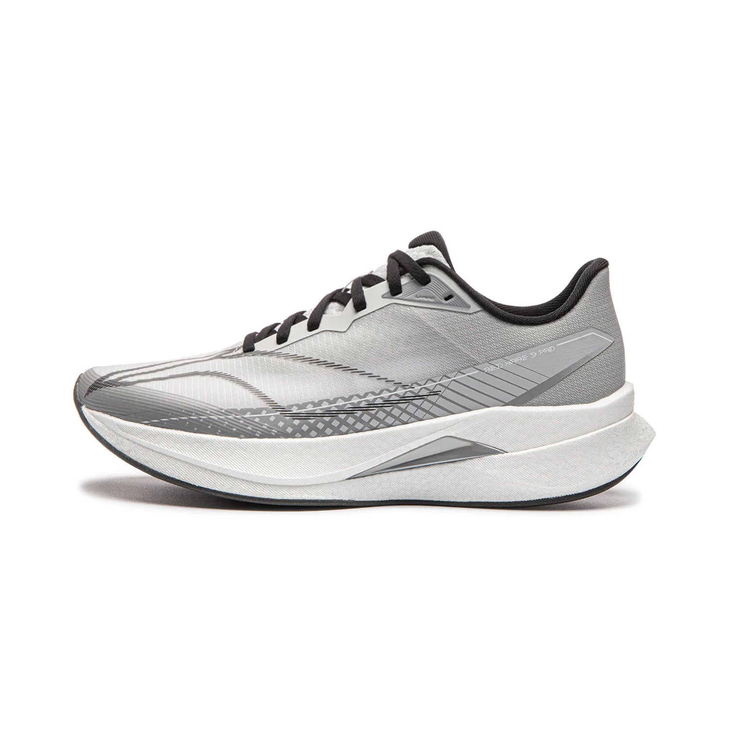 Li-Ning racing shoe in grey upper with black laces, white midsole and reflective accents