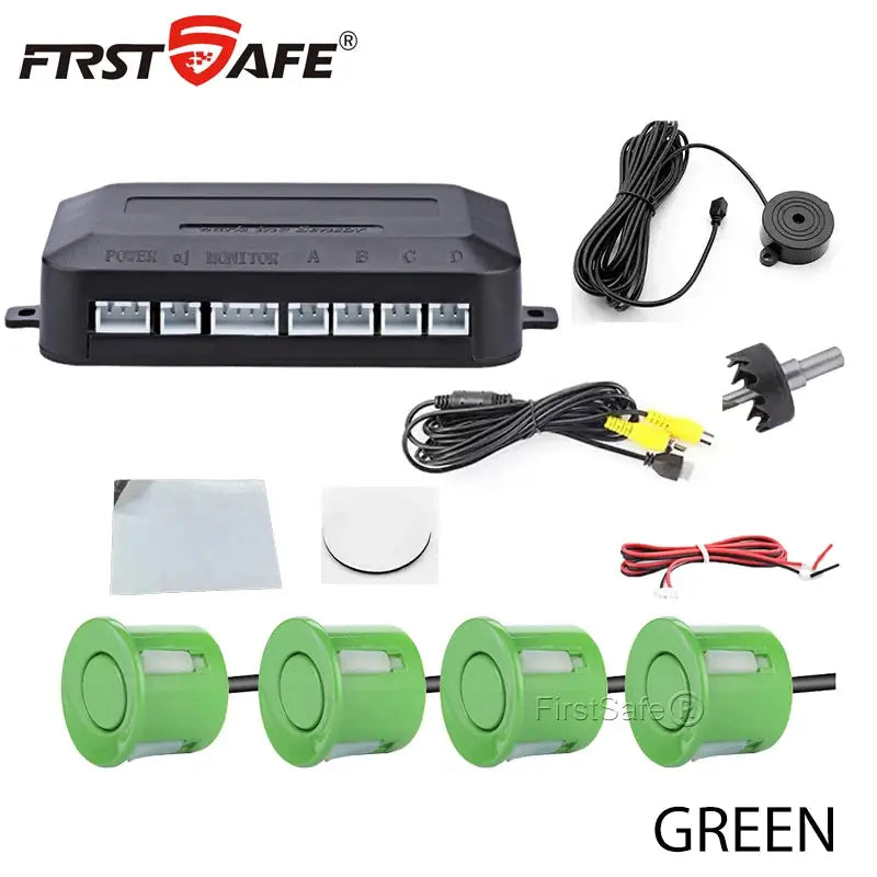 FirstSafe car reverse radar monitor system with 4 green sensors, control box, and wiring