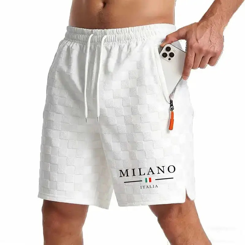 Men's Milano Italia white checkered shorts with zip pocket and drawstring waist.