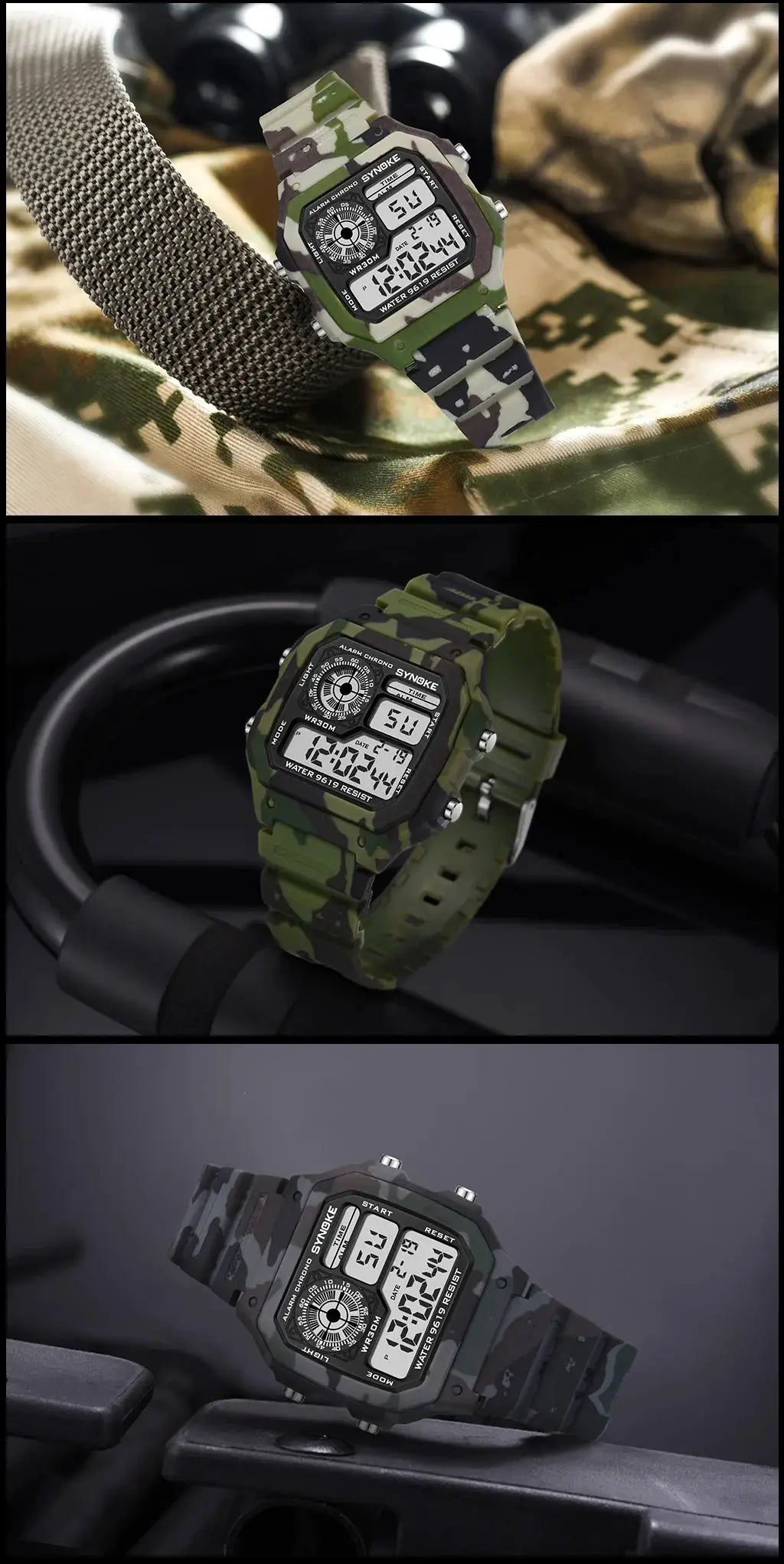 SYNOKE outdoor military digital watch for men with camo strap; rugged waterproof, luminous display (4 designs shown)