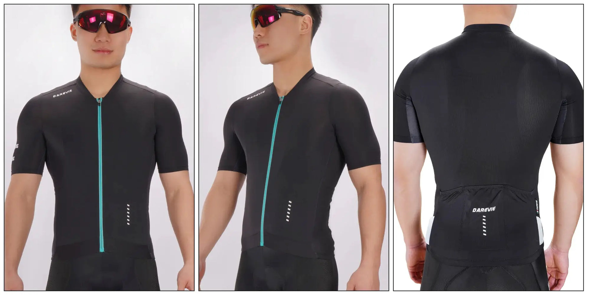 DAREVIE men's black cycling jersey with turquoise front zipper, breathable quick-dry fabric and visible logo