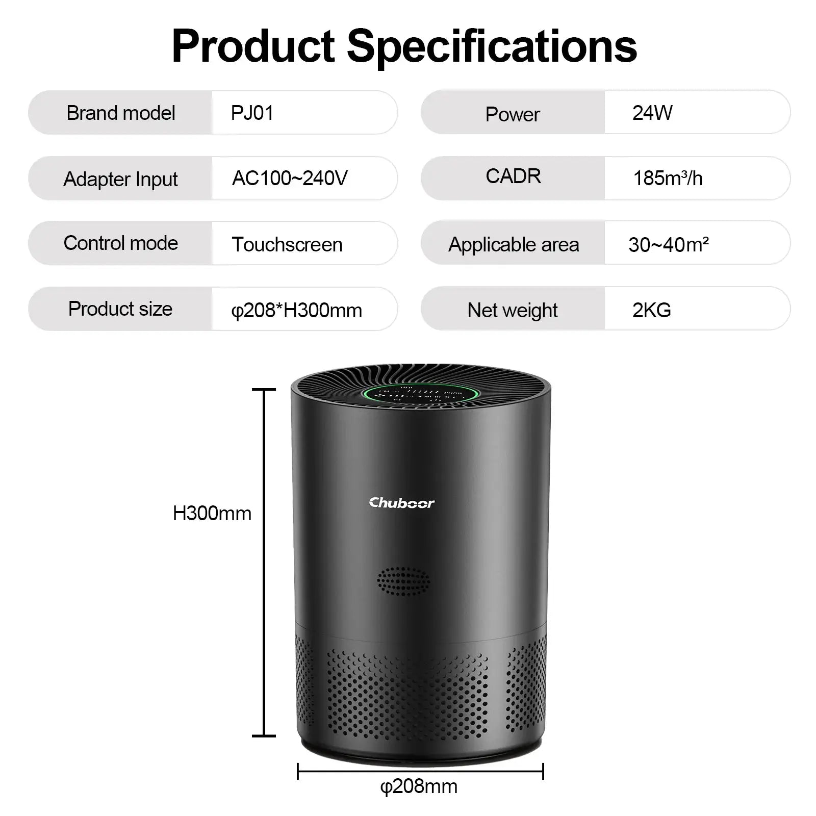 Chuboor black air purifier for home use with H13 True HEPA filter, cylindrical design