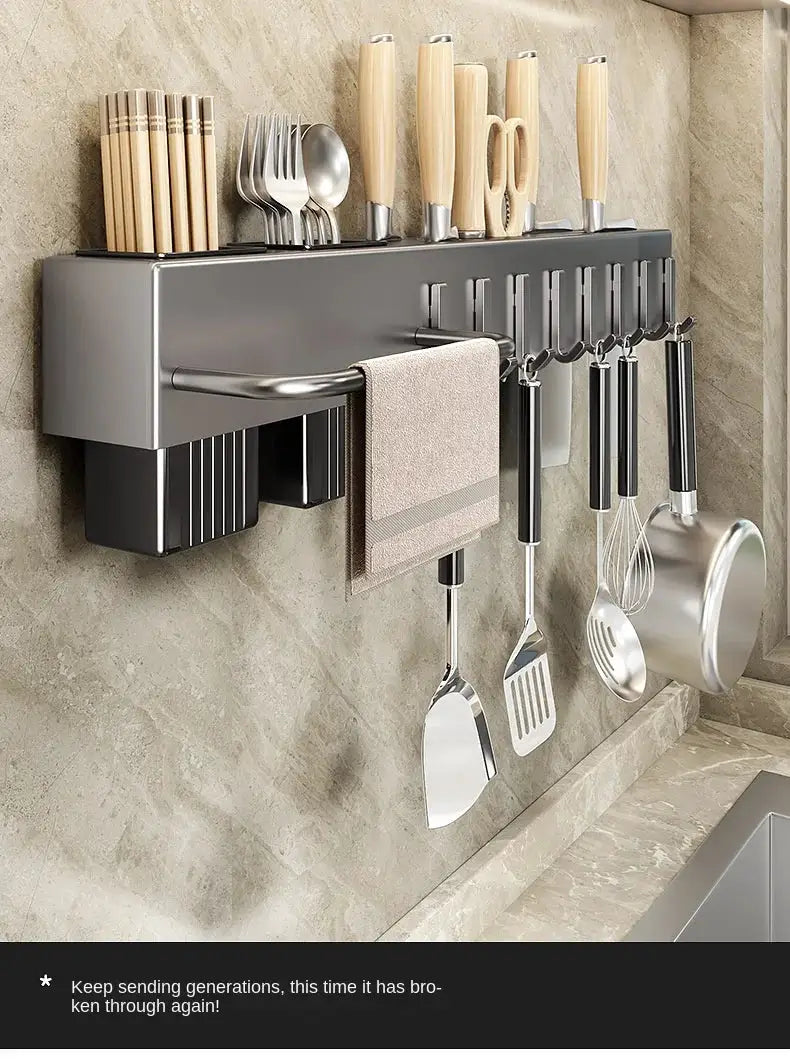 Tool-free kitchen wall shelf with knife storage and utensil hooks; stainless steel with wooden-handled knives