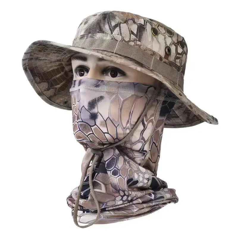 Camouflage boonie hat with neck-face mask, adjustable wide brim for hiking and UV protection