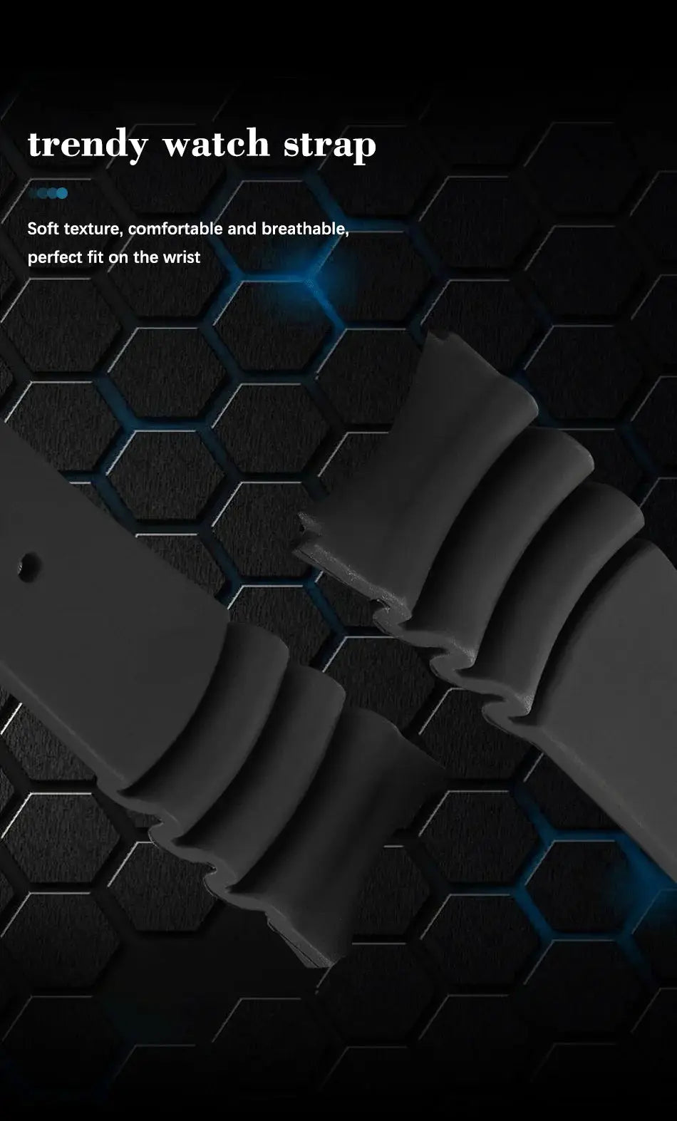 Black silicone watch strap with segmented, flexible design on a dark hex-pattern background
