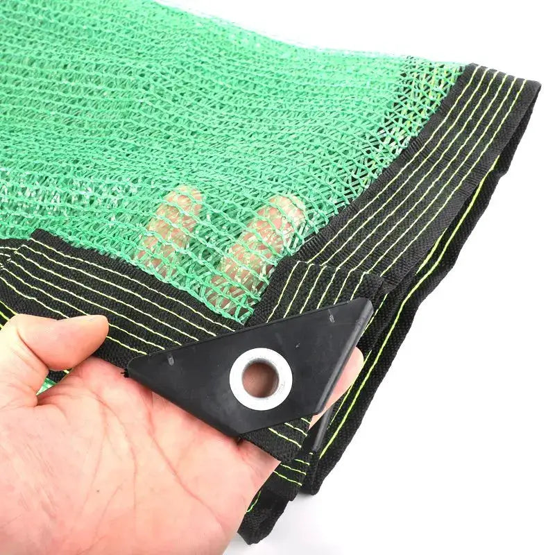 HDPE garden shade net by Simples Market, green mesh with black edging and metal grommet corner clip