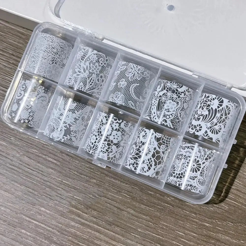 Simples Market 10-roll white lace nail transfer stickers kit with full-wrap decals for DIY French manicure