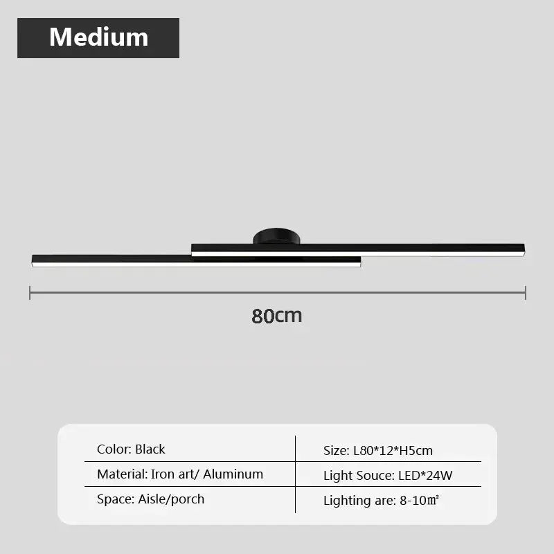 Modern LED ceiling light by Simples Market, black iron/aluminum, 80cm long, 24W LED for bedroom/living room.