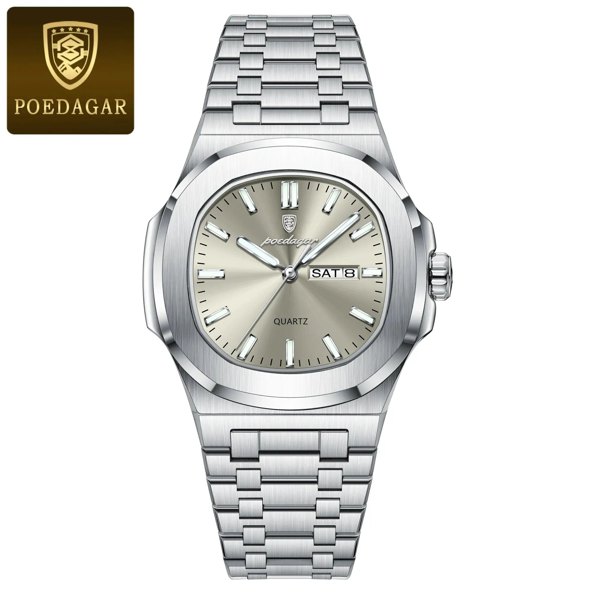 POEDAGAR luxury square men's watch; stainless steel bracelet, waterproof quartz with date window