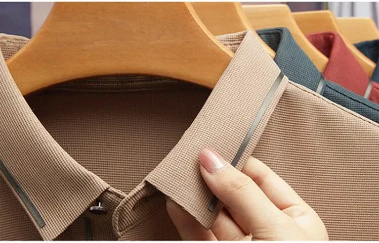 Men's polo shirt by Simples Market in beige with seamless premium cool fabric and classic polo collar