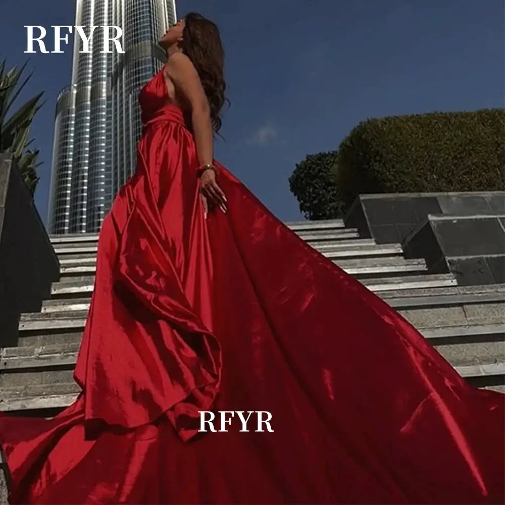 A Line Satin Evening Dress With Long Train Flying Dress For Arab Women