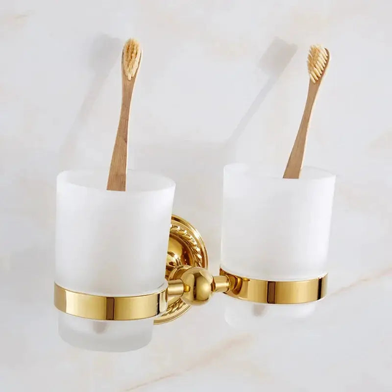 Luxury Gold Brass Bathroom Accessories Set with two frosted-glass tumbler holders, wall-mounted