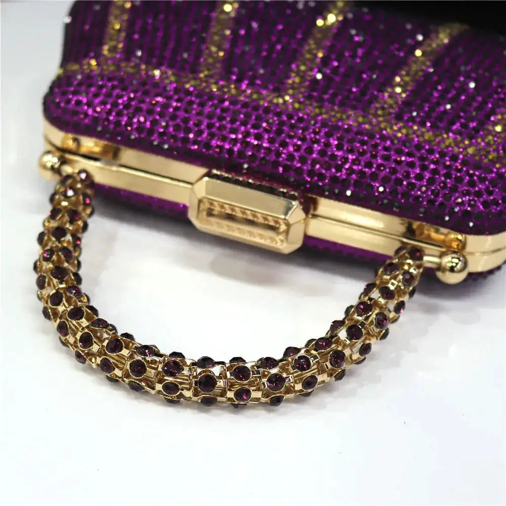 Evening clutch by Simples Market in purple with diamond-design rhinestones and gold-tone chain