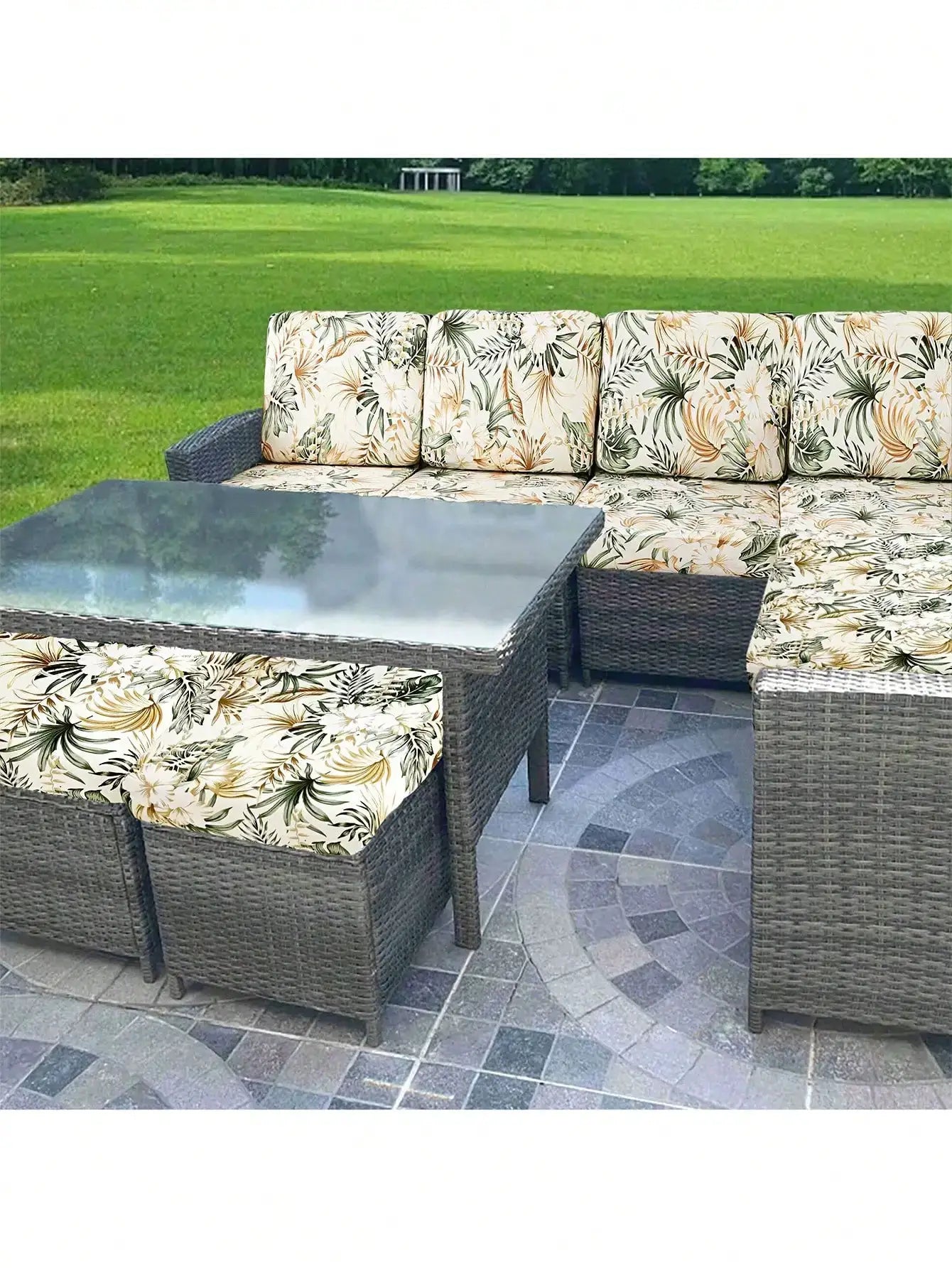 Outdoor tropical print sofa cushion covers by Simples Market; non-slip, beige palm-leaf pattern on wicker patio furniture.