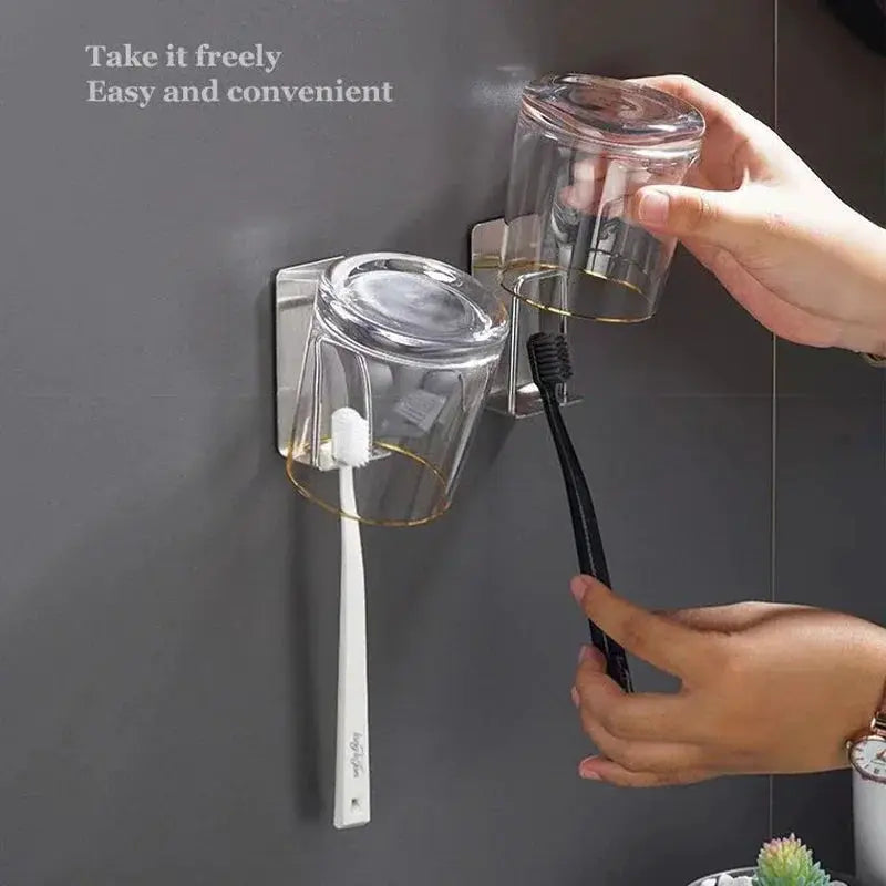 Stainless Steel Wall Mounted Toothbrush Holder With Adhesive Cup Holder Space Saving Bathroom Organizer