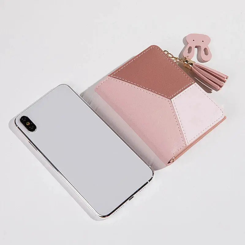 PU leather fashion wallet coin purse, pink and brown color-block clutch with tassel