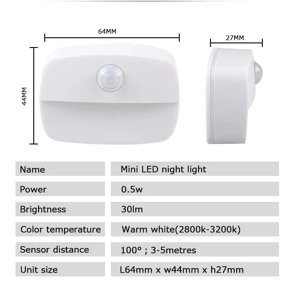 Mini plug-in LED night light with motion sensor by Simples Market, warm white 2800–3200K, 0.5W, 30lm