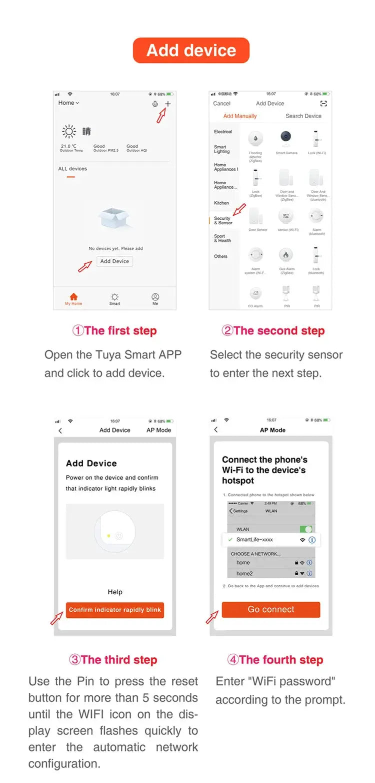 Simples Market Tuya WiFi Smart PIR motion sensor setup guide shown in app screens