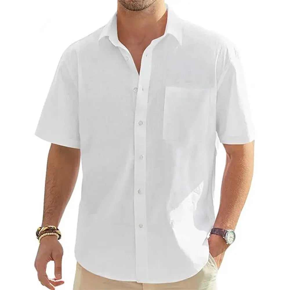 Men's white cotton-linen short-sleeve shirt with chest pocket, lightweight casual top by Simples Market