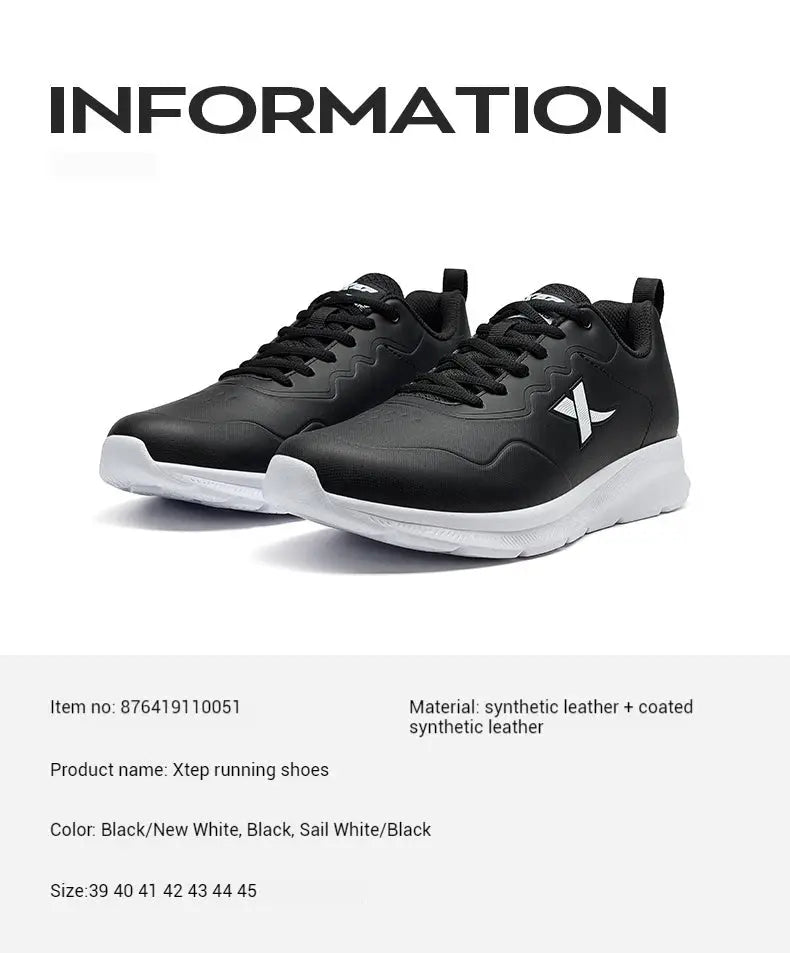 Pair of black Xtep running shoes for men, with synthetic leather upper and white sole.
