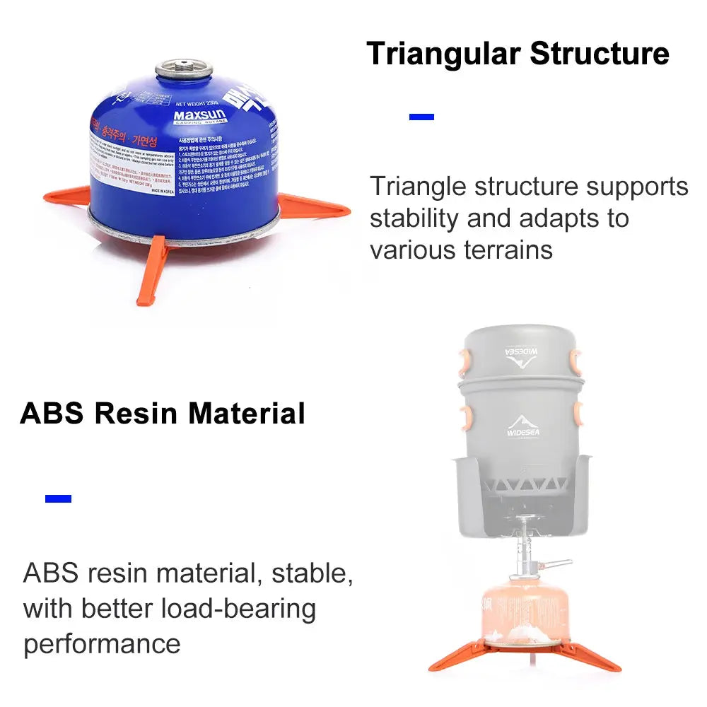 Widesea foldable gas tank bracket; orange tripod feet support blue canister and gray stove base (2 items)