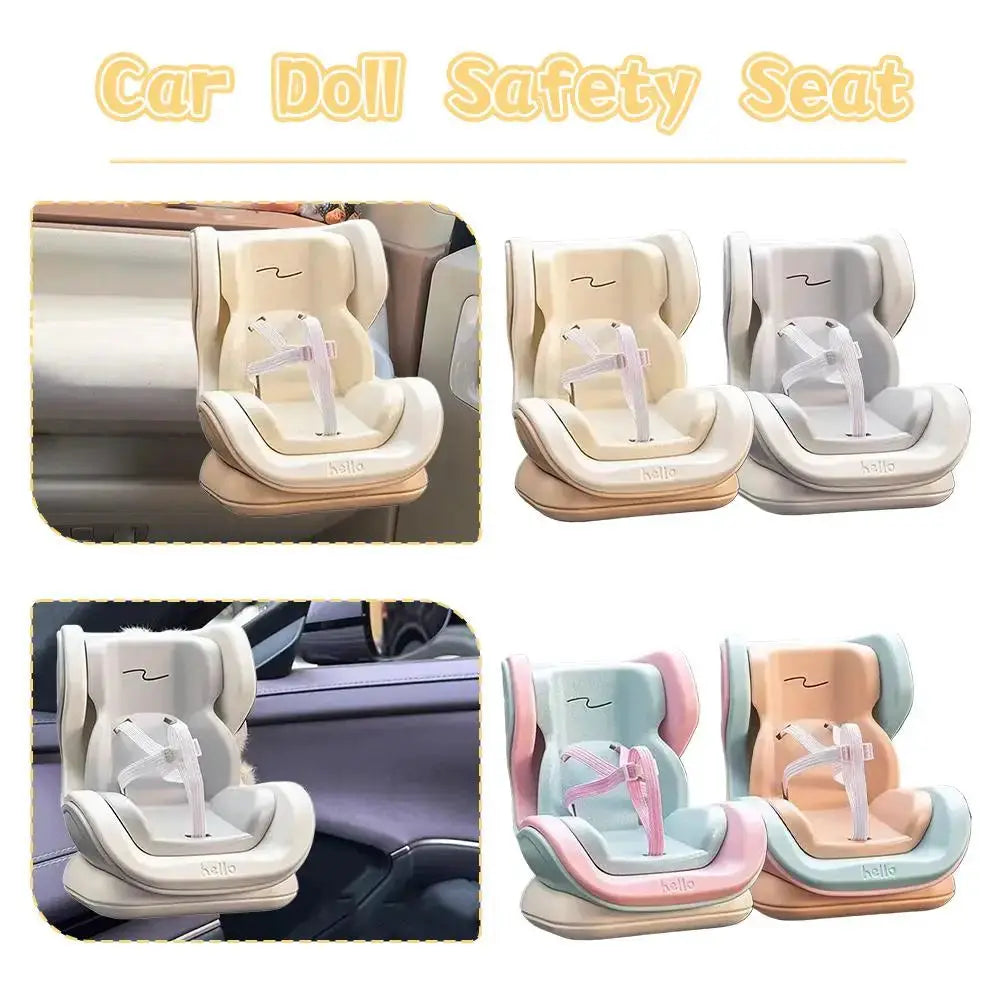 Car doll safety seat set for 17cm dolls; 6 pastel seats in beige, white, gray, mint, pink, peach.