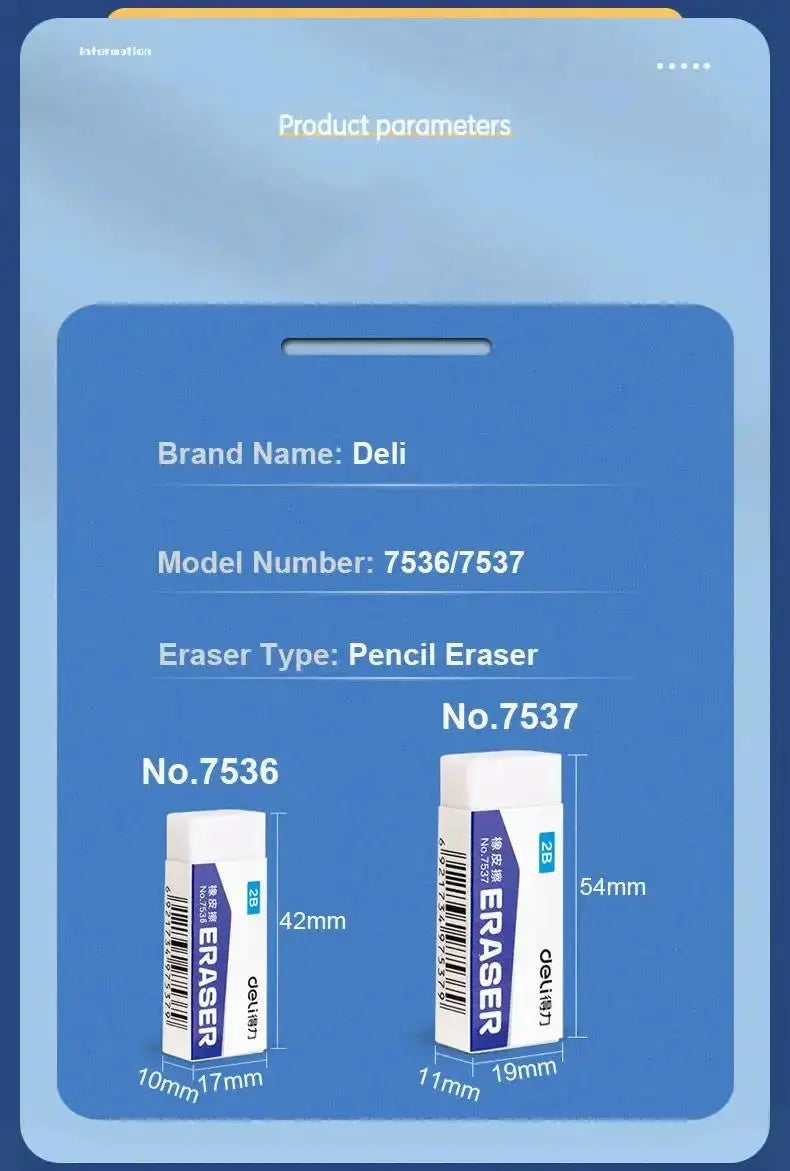 Deli pencil eraser pair No.7536/No.7537, two white erasers with blue label on blue packaging.