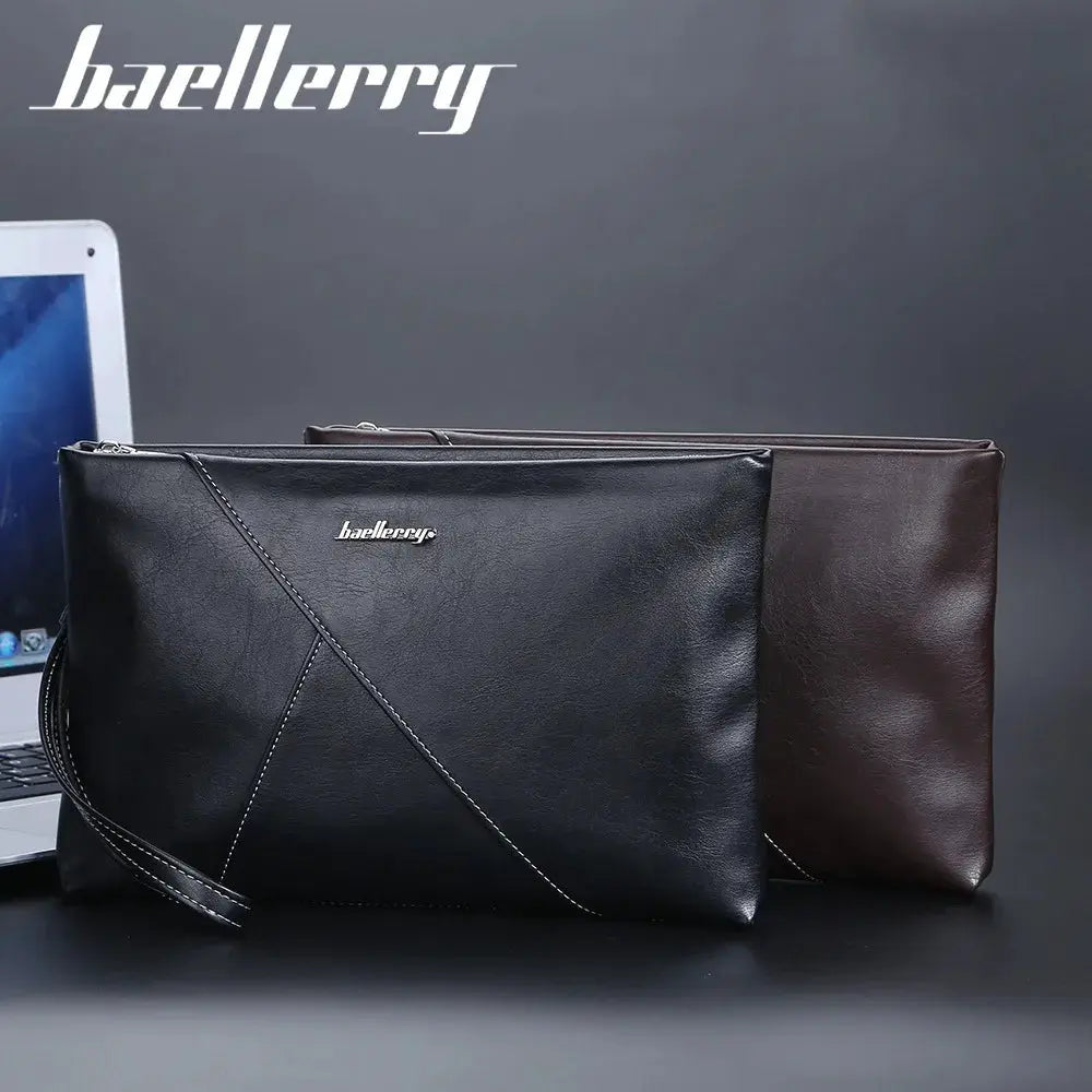 Baellerry pair of short men's wallets in black and brown PU leather with diagonal stitched panels; RFID blocking.