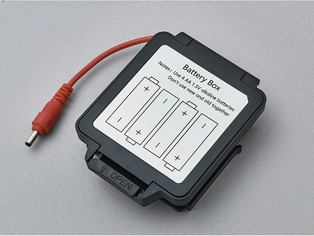 Battery Box black plastic housing with red power cable and label