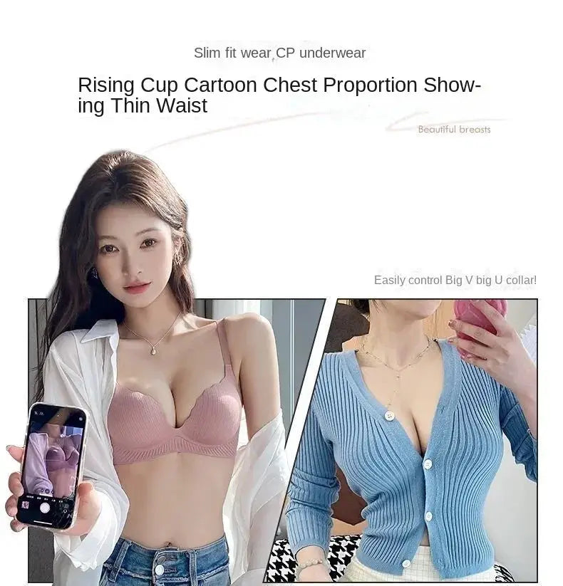 Push-up bra for small chest, pink 6cm padded, no steel ring; two outfits shown (pink bra with white shirt, blue cardigan)