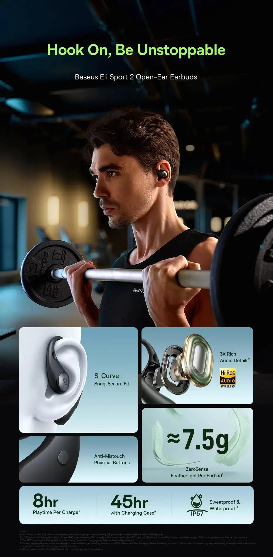 Baseus Eli Sport 2 Open-Ear wireless earbuds with earhooks; black sport headphones