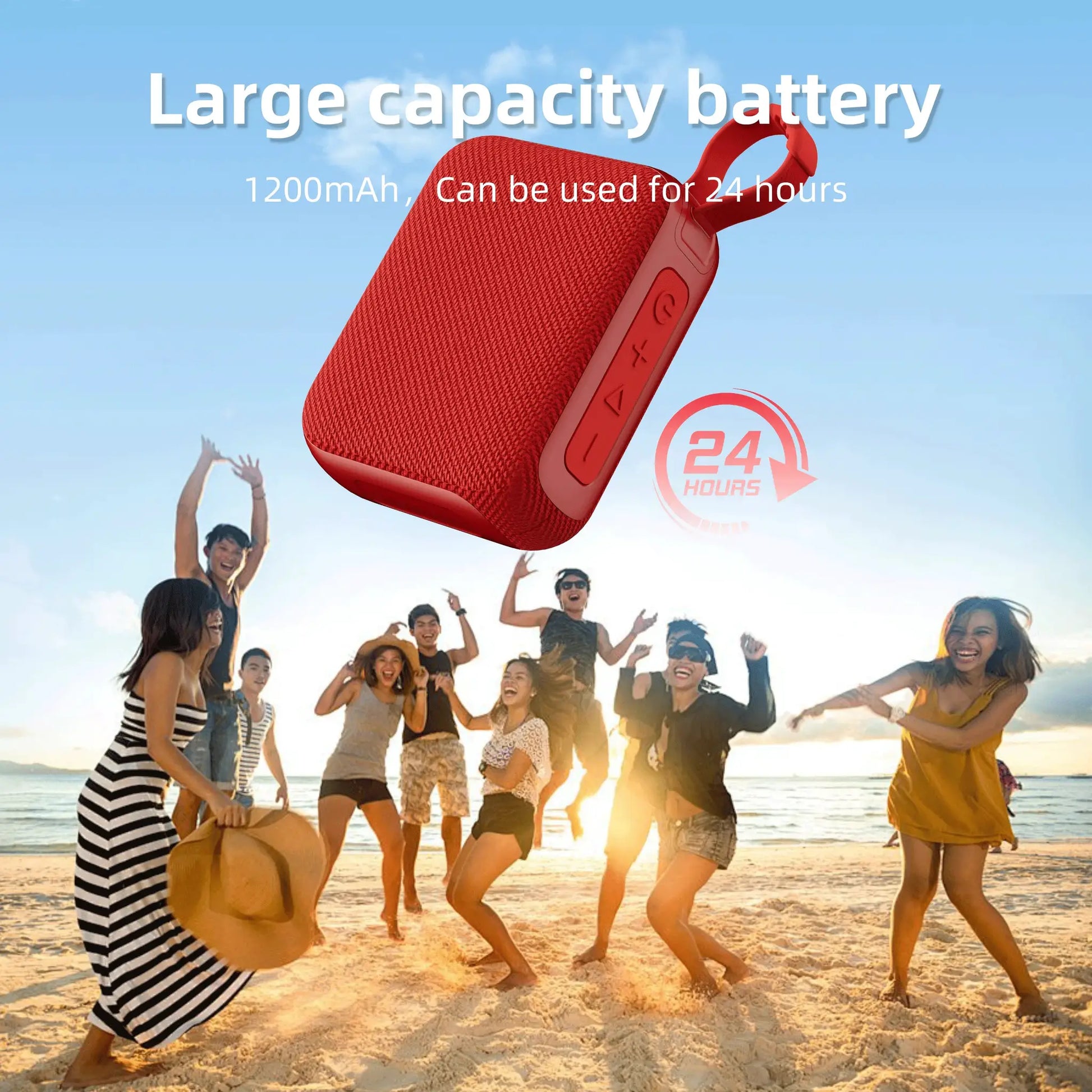 G04 Bluetooth portable speaker, red fabric finish, compact Hi‑Fi wireless speaker for home theater
