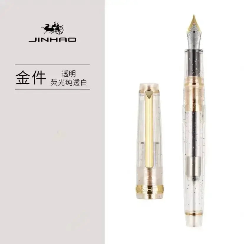 Jinhao 82 fountain pen, transparent acrylic body with gold trim, two-piece set with extra-fine nib