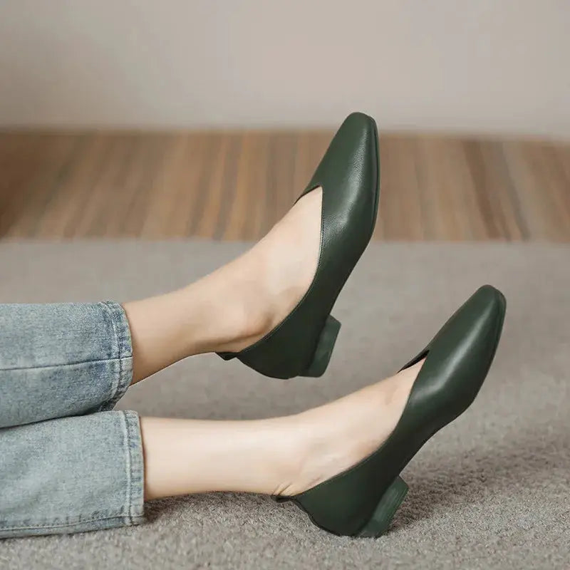 LuxeStep Women Green Mary Jane Flats Breathable Microfiber Upper Classic Square Toe Retro Style Low Heel Comfort