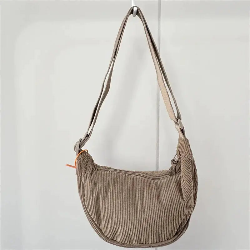 Hobo shoulder bag in beige corduroy, casual crossbody handbag