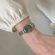 LuxeWear Small Oval Green Dial Stainless Steel Quartz Watch For Women Elegant Everyday Timepiece
